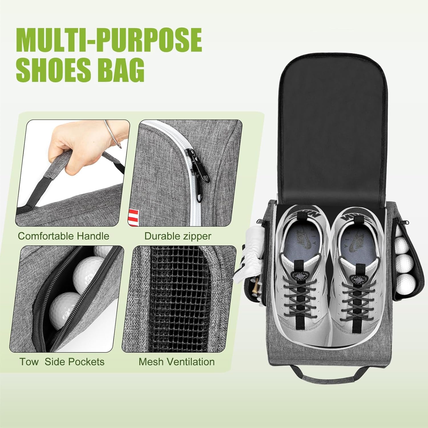 Golf Shoe Bag, Zipper Sports Shoe Strap Bag with 3 Pocket for Golf Accessories, Golf Shoes Bag Storage with Mesh Ventilation and Carry Handle, Golf Gifts for Men Women (Grey)