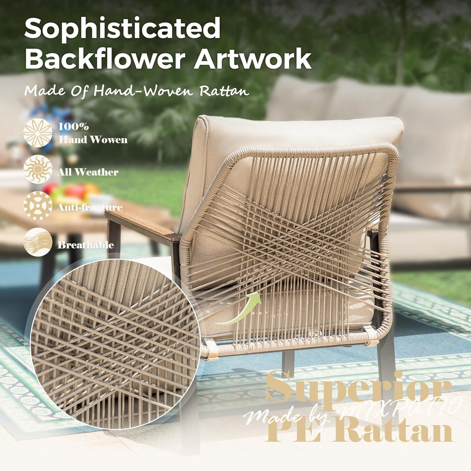 4 Piece Patio Furniture Set, All Weather Wicker Outdoor Sofa with 5.5" Cushions, 2 Fixed Chairs, 3-Seat Sofa with Wood Grain Coffee Table, Patio Conversation Set for Porch, Backyard, Beige