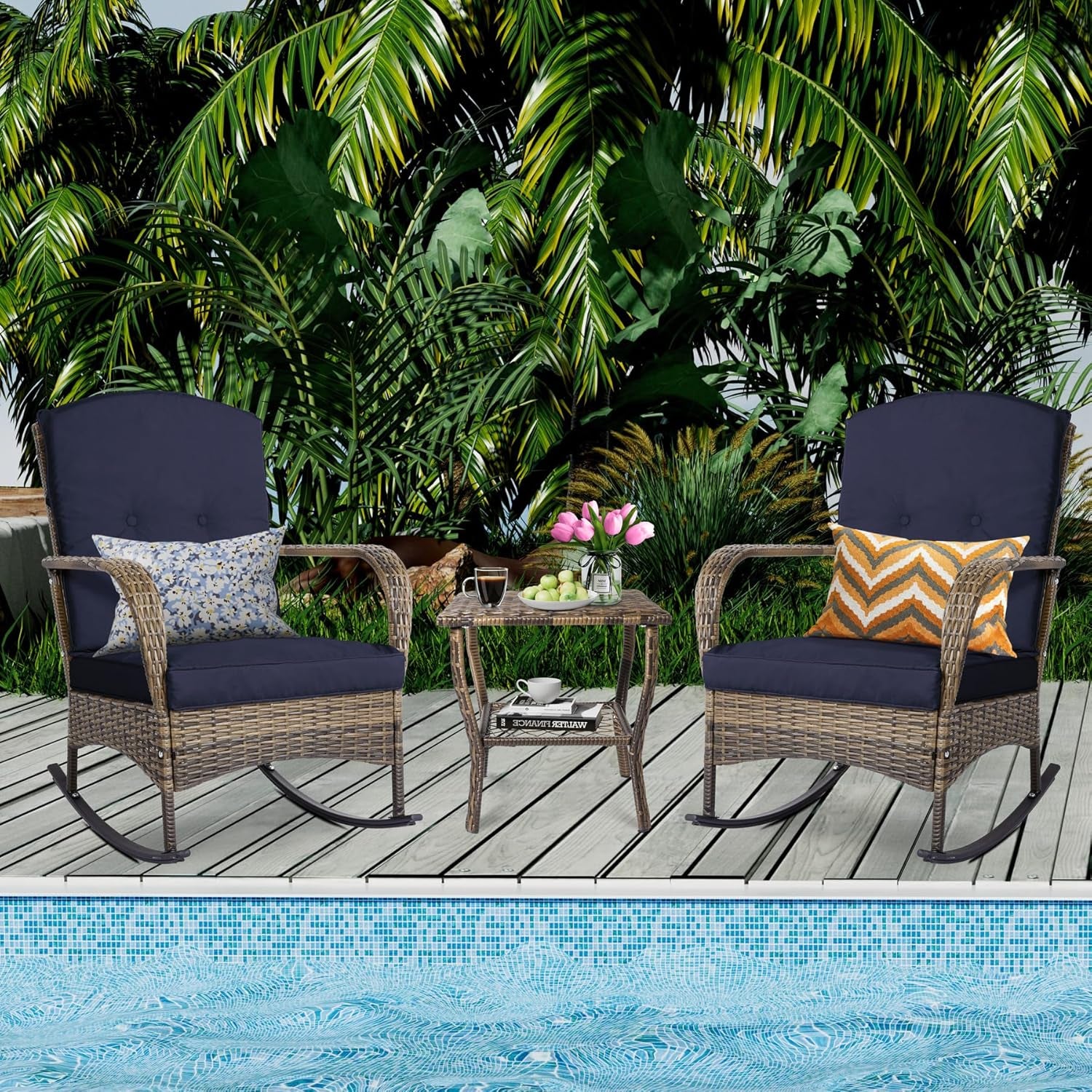 3-Piece Patio Furniture Set,Outdoor Rocking Chairs Set of 2, Patio Conversation Set with 2 Wicker Chairs with Coffee Table and Cushions for Garden,Porch,Backyard, Bistro