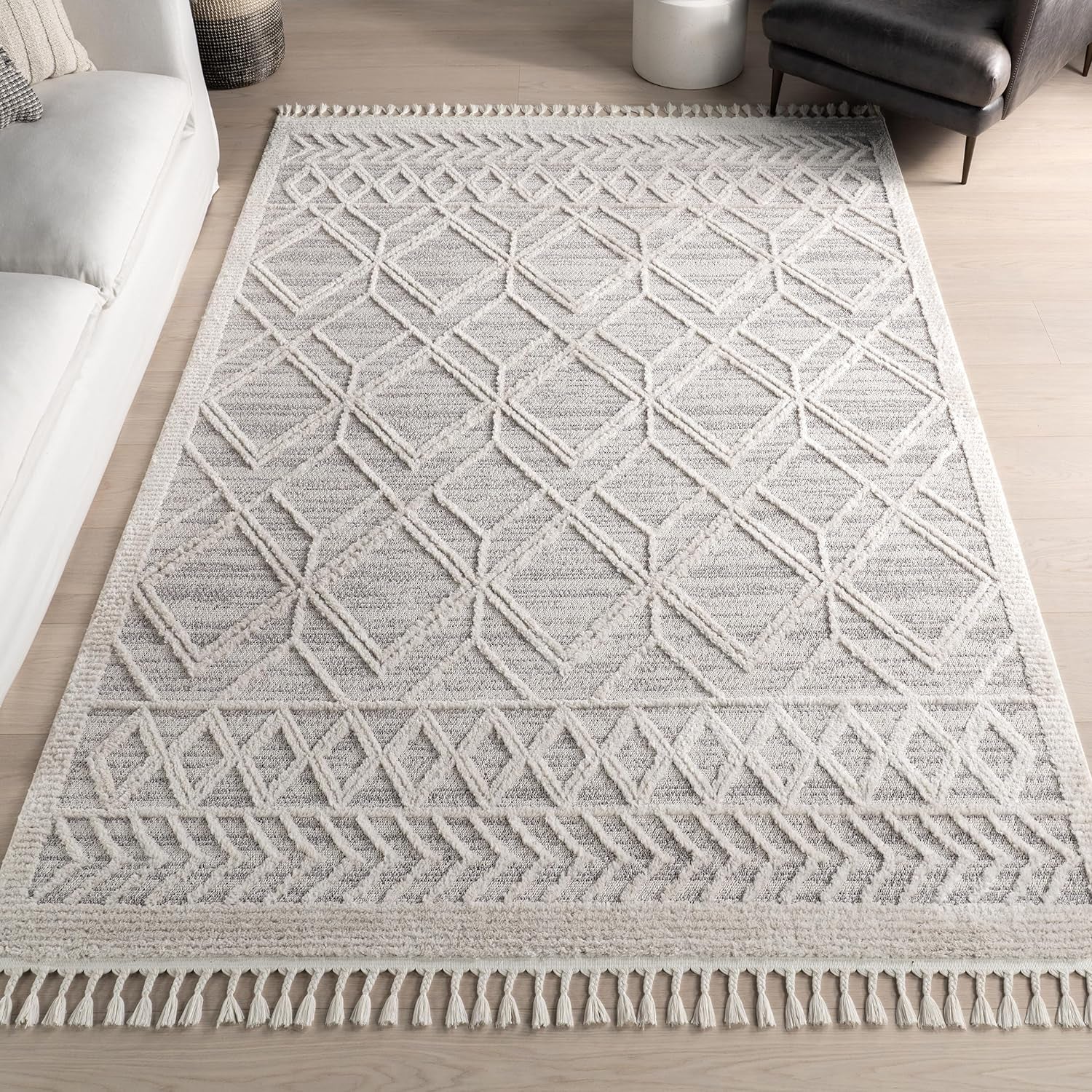 2X3 Ansley Moroccan Tassel Area Rug, Light Grey, High-Low Textured Bohemian Design, Plush High Pile, Stain Resistant, for Bedroom, Living Room, Hallway, Entryway