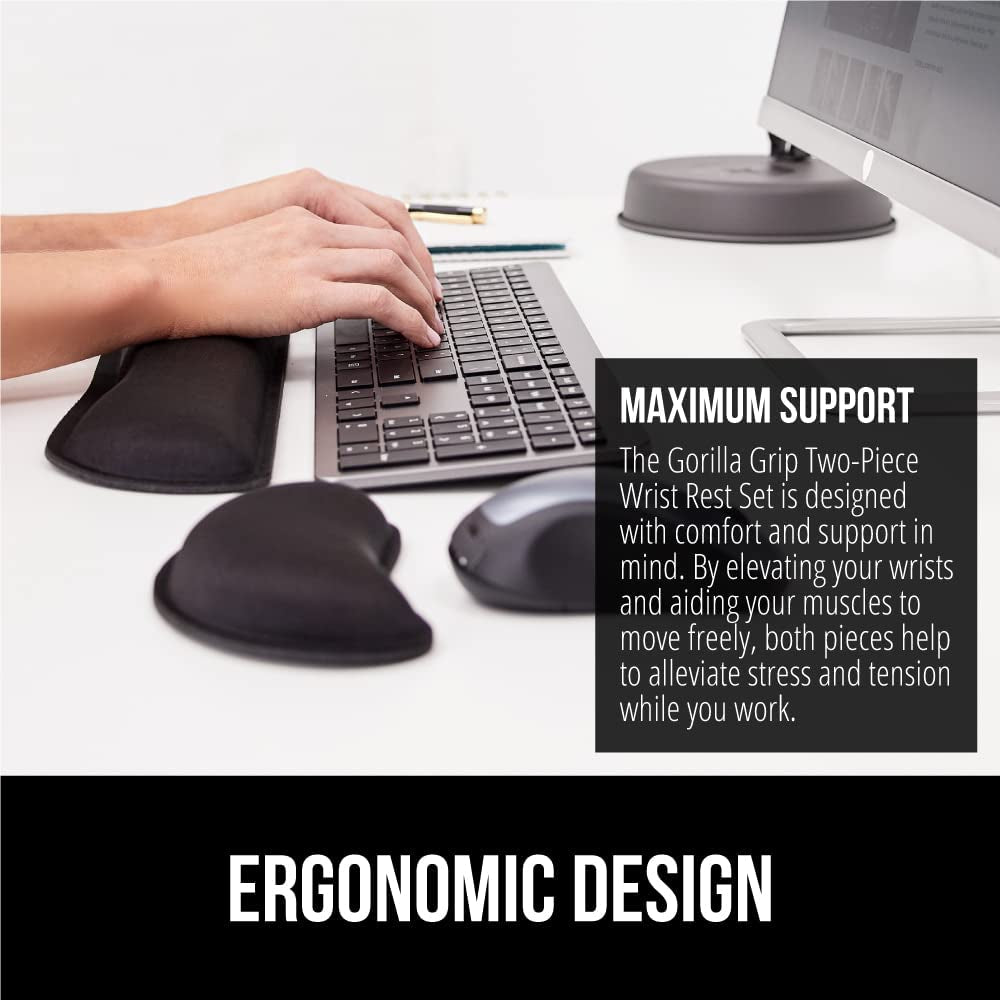 Silky Gel Memory Foam Wrist Rest for Computer Keyboard, Mouse, Ergonomic Design for Typing Pain Relief, Desk Pads Support Hand and Arm, Mousepad Rests, Stain Resistant, 2 Piece Pad, Black