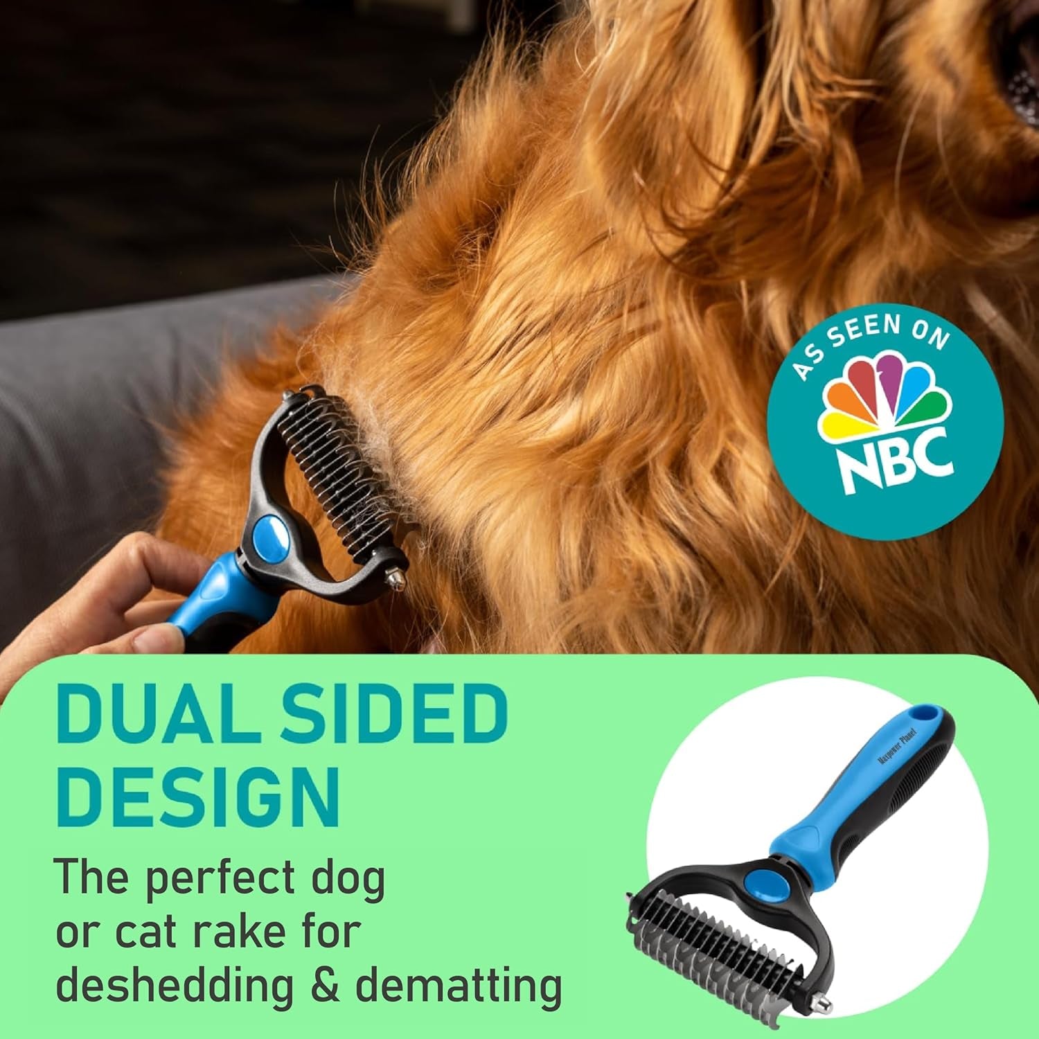 Pet Grooming Rake - Double-Sided Dematting Undercoat Brush for Dogs and Cats, Extra Wide, Reduces Shedding by 95%, Blue