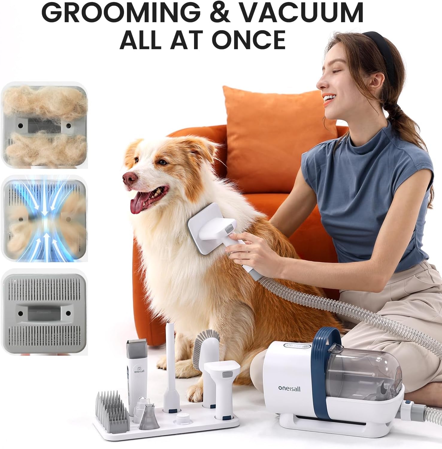 Dog Hair Vacuum & Dog Grooming Kit, Pet Grooming Vacuum with Pet Clipper Nail Grinder, 1.5L Dust Cup Dog Brush Vacuum with 7 Pet Grooming Tools for Shedding Pet Hair, Home Cleaning