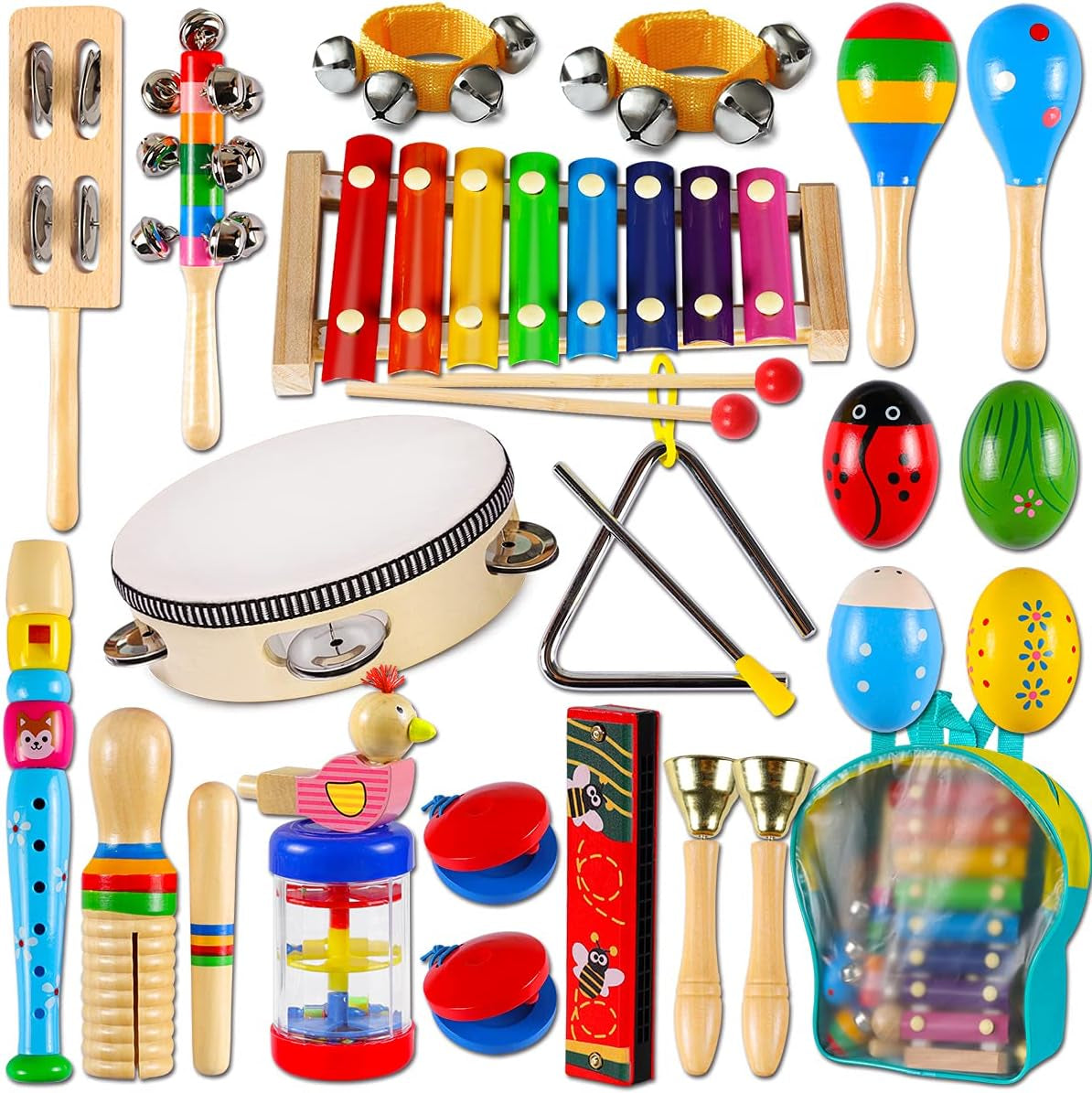 Toddler Musical Instruments,Wooden Percussion Instruments Toy for Kids Baby Preschool Educational Musical Toys Set for Boys and Girls with Storage Bag