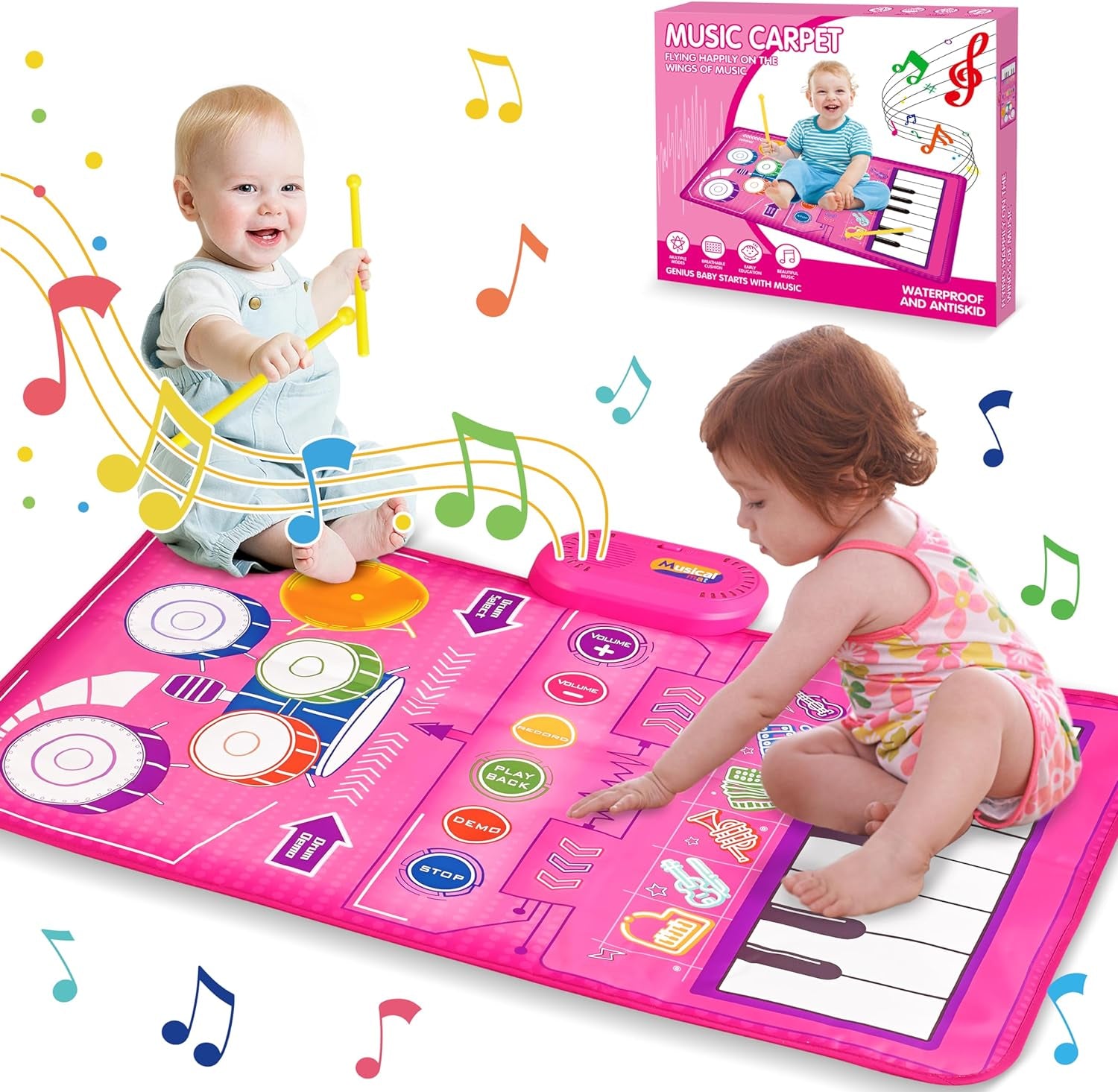 1 2 3 Year Old Girl Birthday Gift Toys, 2 in 1 Musical Toys for Toddlers 1-3 Piano Keyboard & Drum Mat with 2 Drum Sticks Toddler Toys Age 1-2, Baby Toys for 1 Year Old Toys for 2 Year Old Girl