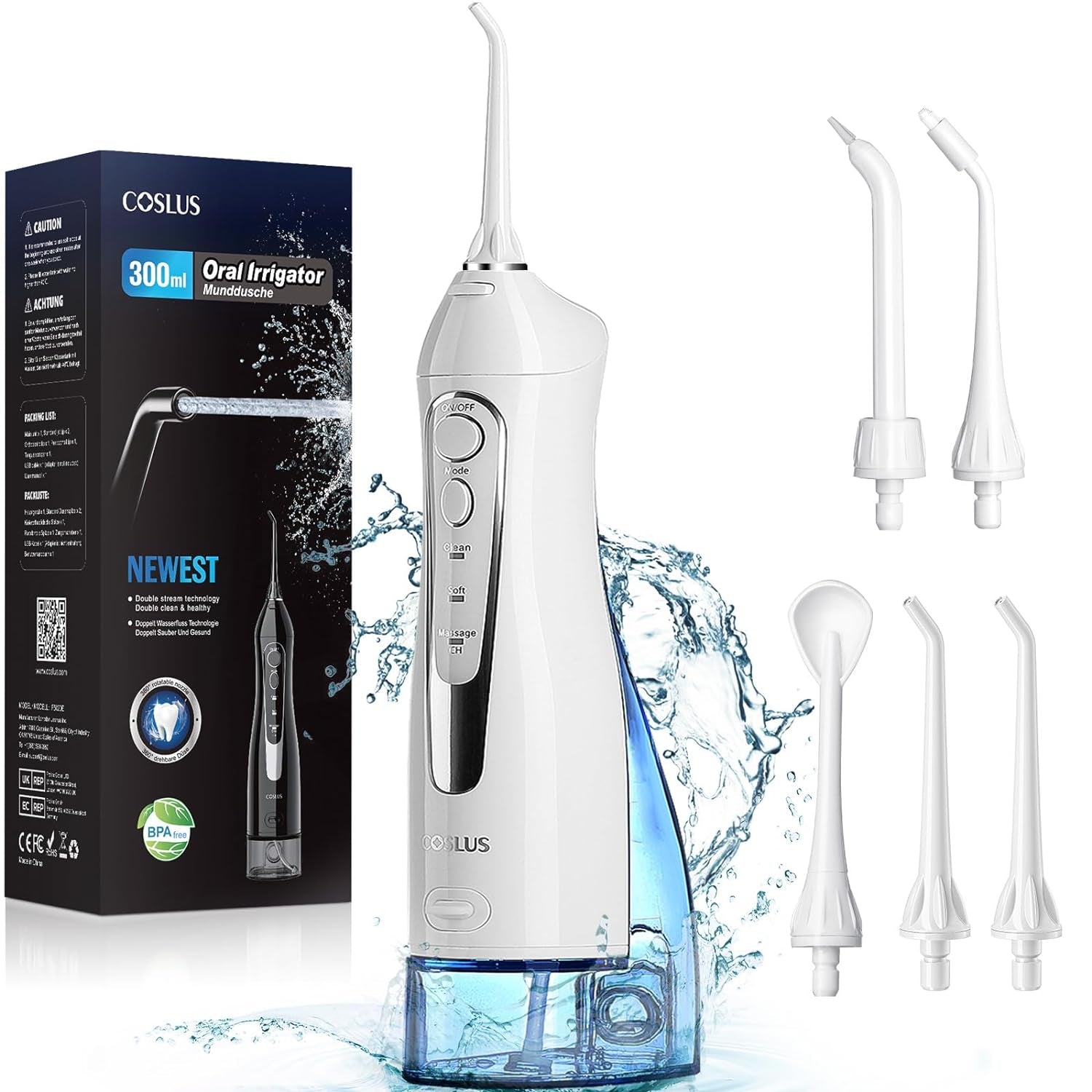 Water Dental Flosser Teeth Pick: Portable Cordless Oral Irrigator 300ML Rechargeable Travel Irrigation Cleaner IPX7 Waterproof Electric Flossing Machine for Teeth Cleaning F5020E White