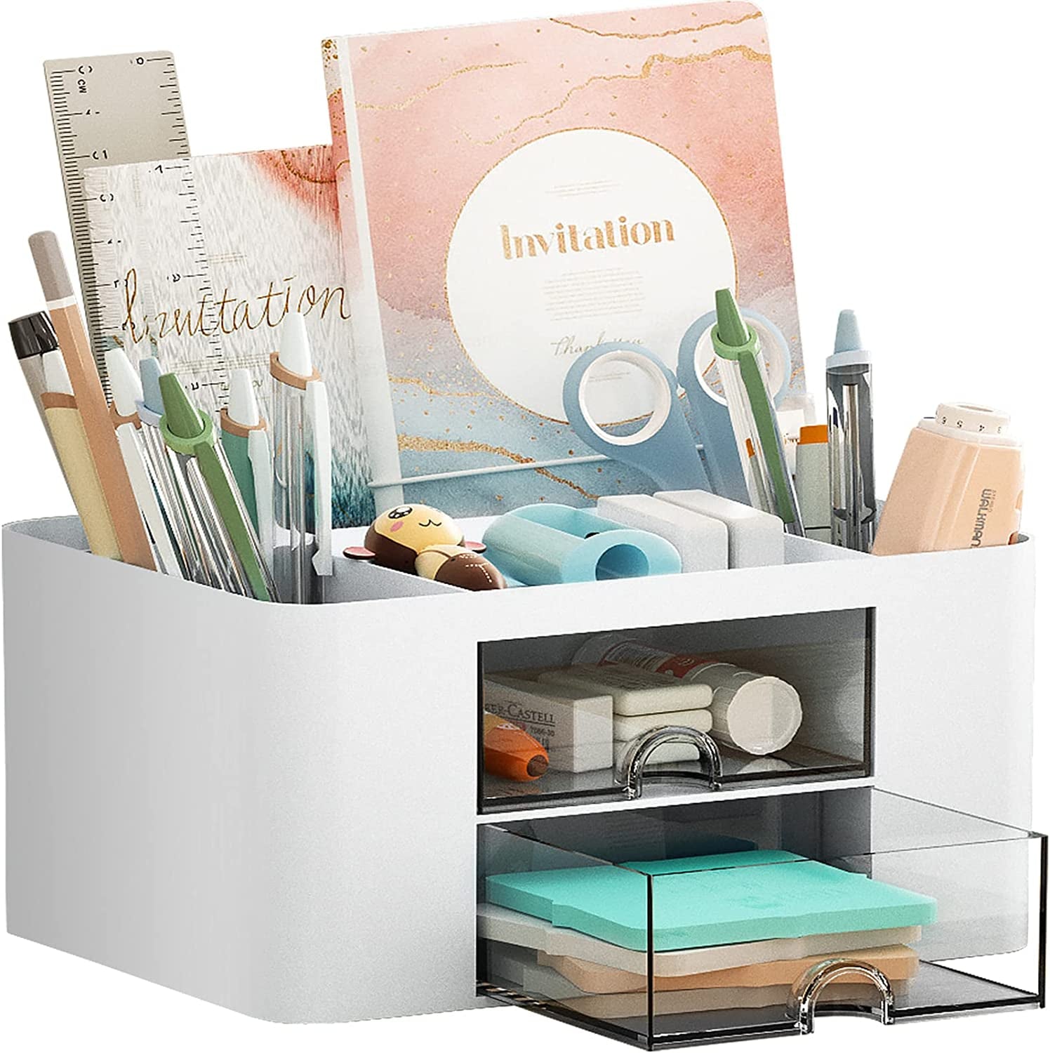 Pen Organizer with 2 Drawer, Multi-Functional Pencil Holder for Desk, Desk Organizers and Accessories with 5 Compartments + Drawer for Office Art Supplies (White)