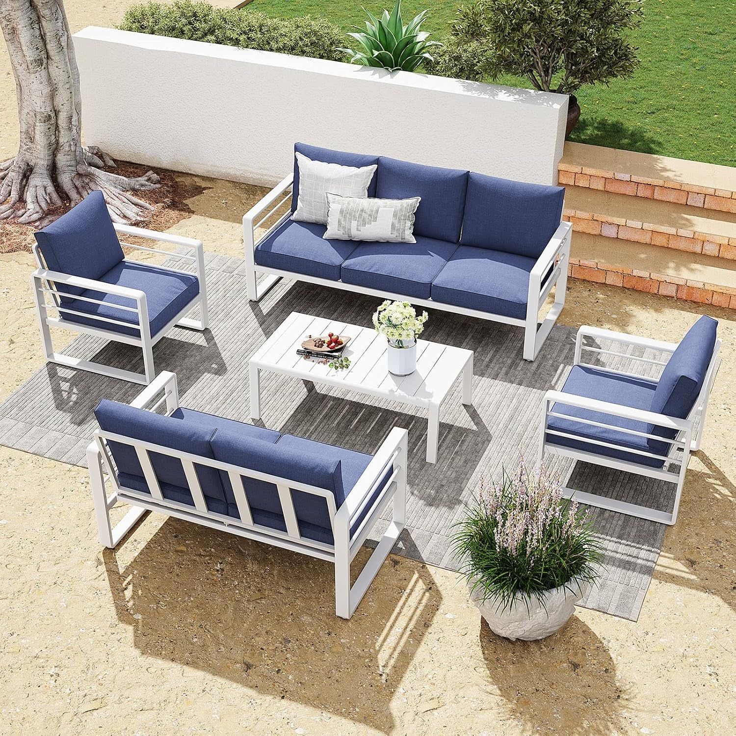 Aluminum Patio Furniture Set, 4 PCS Modern Patio Conversation Set, All Weather Dark Grey Outdoor Sectional Sofa Set W/Coffee Table, Loveseat, Superior Olefin Cushion, Garden-Grey Cushion